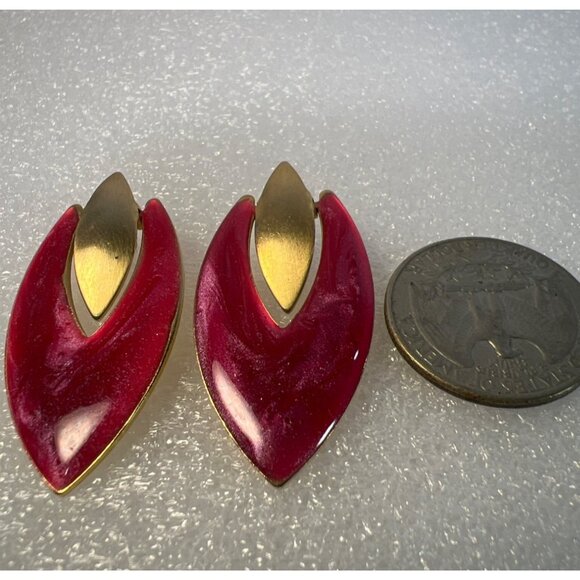 Vtg Swirled Red Enamel Gold-tone  Kinetic Earrings for Pierced Ears Statement - Picture 2 of 5